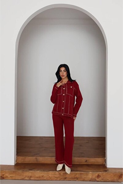 mylunessa Burgundy Stripe Design Pants Knitwear Set