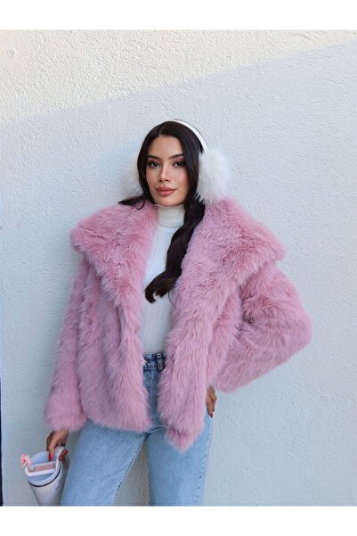 ESRAHELVACI Shawl Collar Snap Fastener Faux Fur