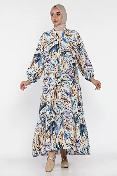 julude Stone Blue Patterned Front Buttoned Seasonal Hijab Dress
