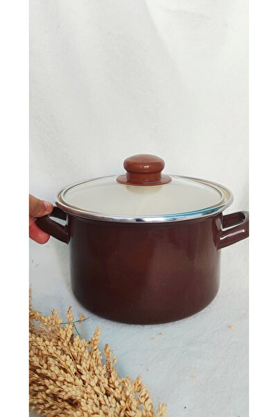 EBRULİEMAYE Brown Enamel Small Size Deep Pot 2 Liters 18 cm Diameter Milk Yogurt Soup Pot