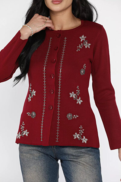 julude Burgundy Stone Knitwear Cardigan (S, M, L Compatible)