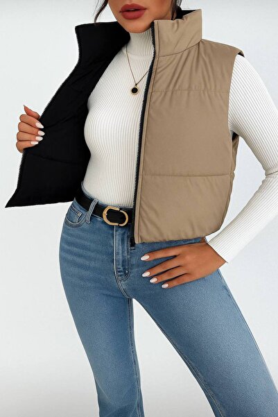 Varyete Women's Double-Sided Wearable Zippered Sleeveless Puffer Crop Coat Vest with Pockets