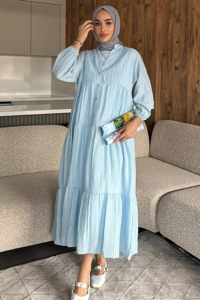 julude Blue Hijab Front Buttoned Seasonal Dress