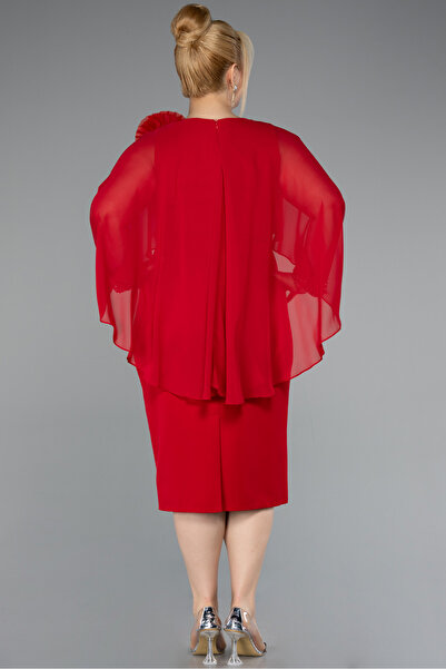 Abiyefon Kırmızı Kapri Kol Midi Şifon Büyük Beden Davet Elbisesi ABK2383
