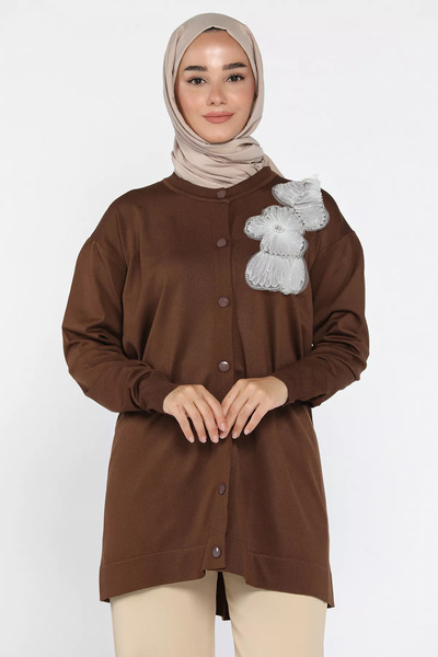 julude Coffee-Colored Floral Patterned Front Buttoned Hijab Knitwear Cardigan (Fits Sizes S-M-L-Xl.)