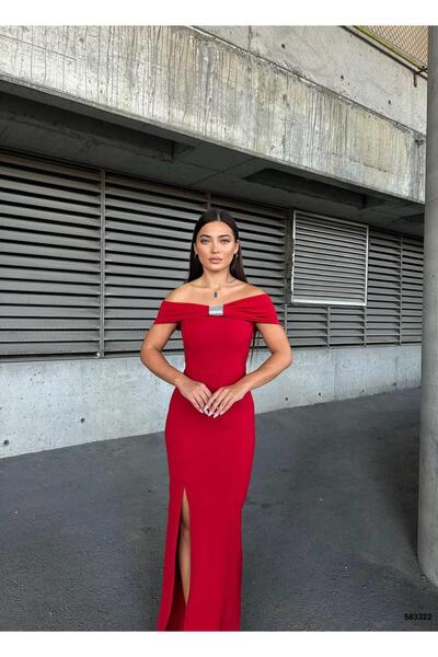 Modafeminen Stretchy Crepe Fabric Bow Collar Front Stone Detailed Evening Dress Red 583322