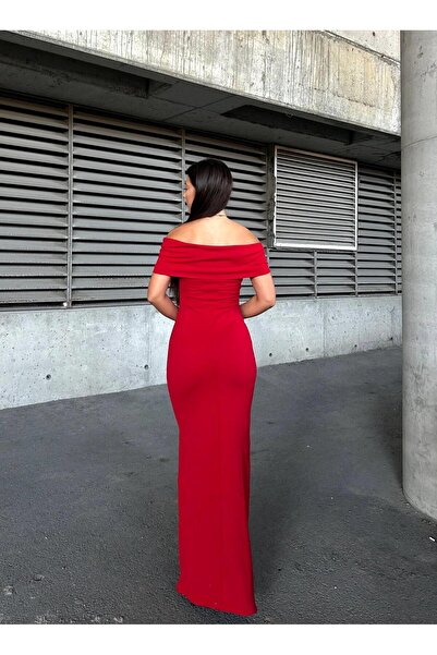 Modafeminen Stretchy Crepe Fabric Bow Collar Front Stone Detailed Evening Dress Red 583322