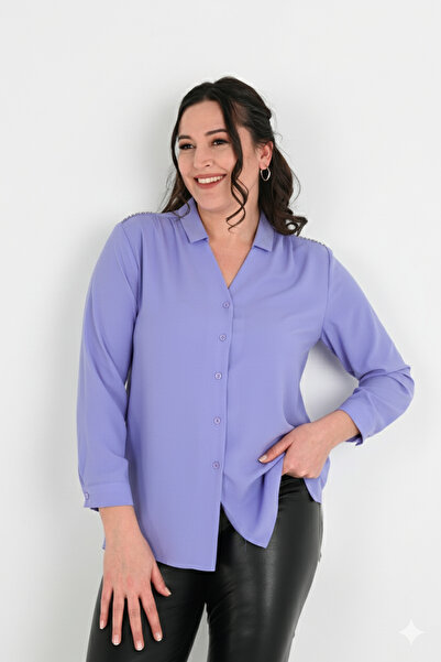 Koza Butik Kadın Büyük Beden Omuz Taş Detaylı Gömlek 1687-24