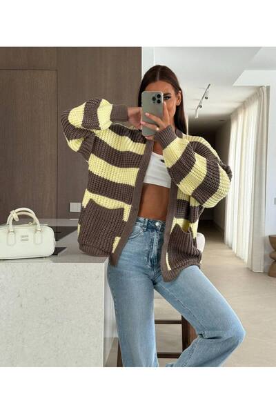 moda paketi Striped Knit Cardigan - Standard Size Loose Knit Cardigan with Pockets