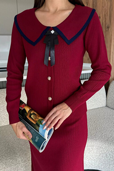 julude Burgundy Baby Collar Cardigan Look Blouse Skirt Knitwear Two-Piece Set