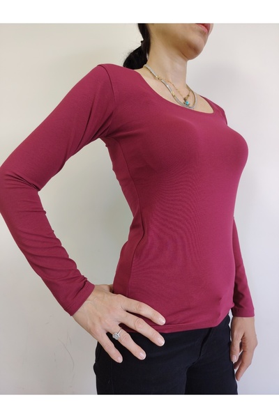 moda felinya Women's Burgundy Square Neck Long Sleeve Bodysuit
