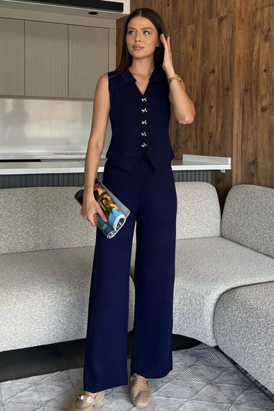 julude Navy Blue Shirt Collar Vest Pants Knitwear Two-Piece Set