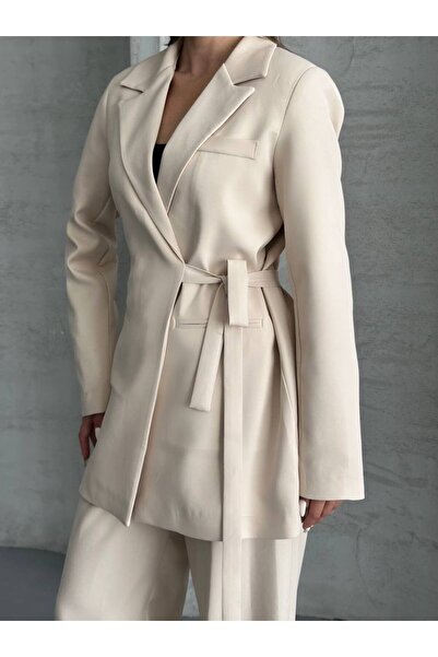 ParlaMira Women's Dabıl Fabric Tie-Up Blazer Jacket & High Waist Palazzo Pants Set