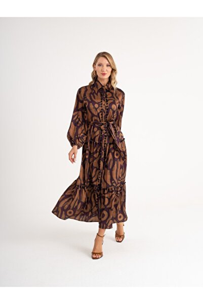 SERPİL Desenli Ponpon Detaylı, Düğmeli Belden Kuşaklı Elbise 39016