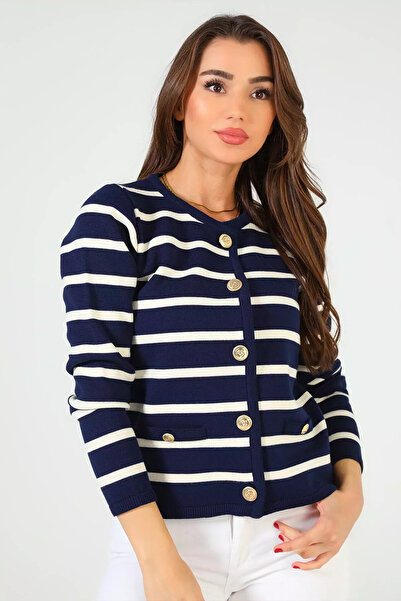 julude Navy Blue Women's Front Buttoned Stripe Patterned Knitwear Cardigan (Fits S-M-L Sizes)