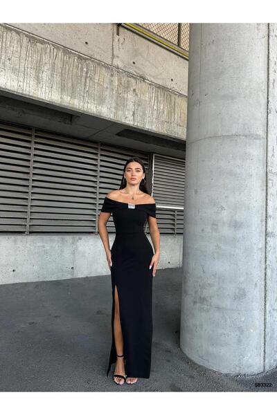Modafeminen Flexible Crepe Fabric Bow Collar Front Stone Detailed Evening Dress Black 583322