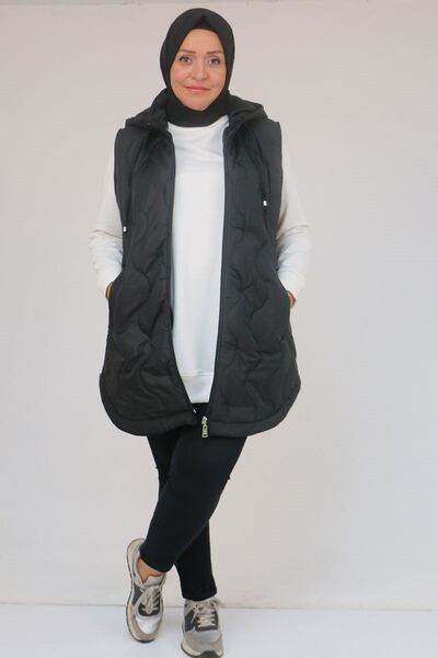 Eslina 44007 Plus Size Oval Cut Quilted Vest with Side Slits - Black