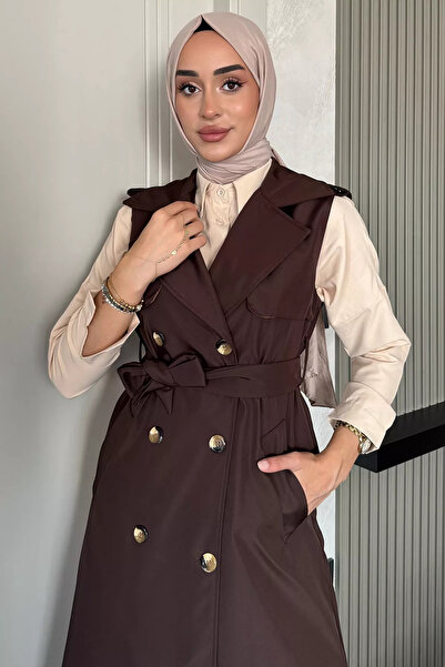 julude Brown Double Breasted Collar Waist Belt Detailed Front Buttoned Hijab Trench Coat