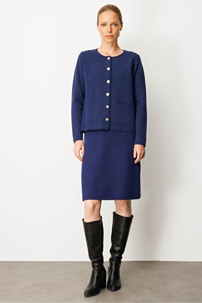 Desen Triko Women's Knitwear Checkered Glitter Jacket Navy Blue