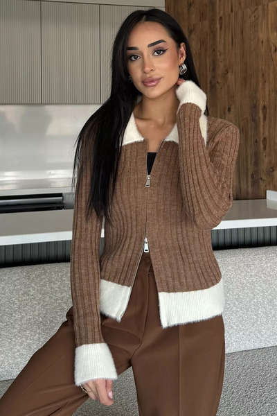 julude Light Brown Shirt Collar Zippered Knitwear Cardigan