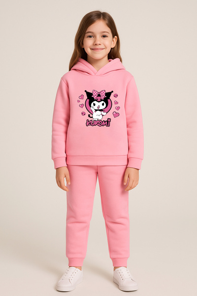 Let's Wear Premium Pink Kuromi Printed Kids Hooded Compact Sweatshirt Tracksuit Set - 2 Piece Sportswear Set