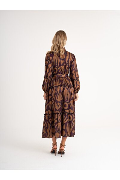SERPİL Desenli Ponpon Detaylı, Düğmeli Belden Kuşaklı Elbise 39016
