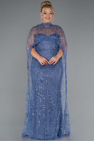 Abiyefon Mavi Straplez Boncuk İşlemeli Şallı Büyük Beden Uzun Abiye ABU5328