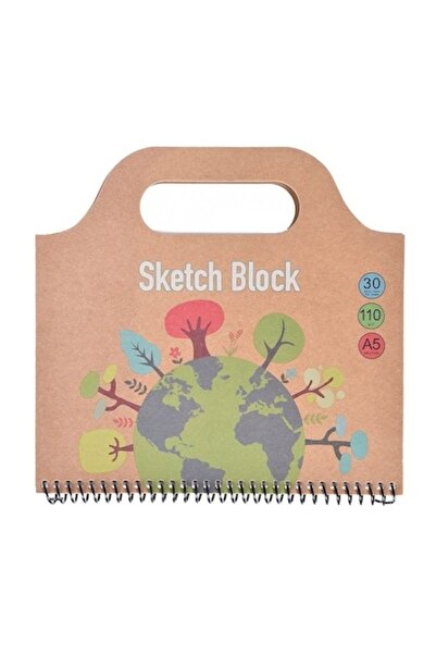 SHOPIENS Bloc Desen A5 cu Spirala si Maner, 30 File, Coperta Kraft Model Planet, 21x15 cm