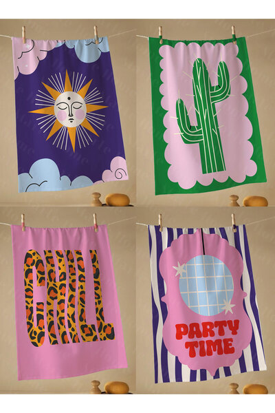 Marte Home PARTY TIME - RENKLİ BASKILI 4'LÜ SET 40x60 MUTFAK HAVLUSU, KURULAMA BEZİ