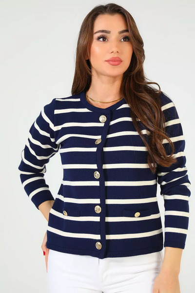julude Navy Blue Women's Front Buttoned Stripe Patterned Knitwear Cardigan (Fits S-M-L Sizes)
