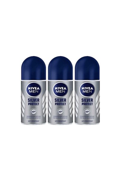 NIVEA Set 3 x Deodorant Roll-On BĂRBAȚI 50ml, Silver Protect, Anti-pete albe, revigorant, de lungă durată