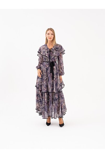 SERPİL Fırfır Detaylı Desenli Uzun Elbise 40313