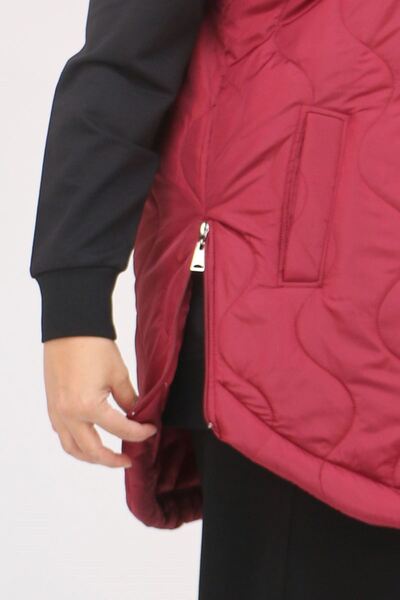 Eslina 44007 Plus Size Oval Cut Quilted Vest with Side Slits - Burgundy
