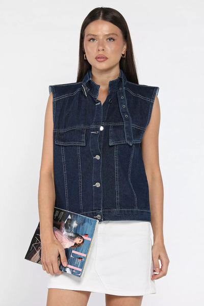 julude Navy Blue Women's Front Buttoned Jean Denim Vest