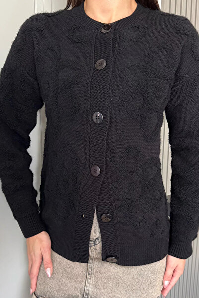 julude Black Floral Patterned Knitwear Jacket