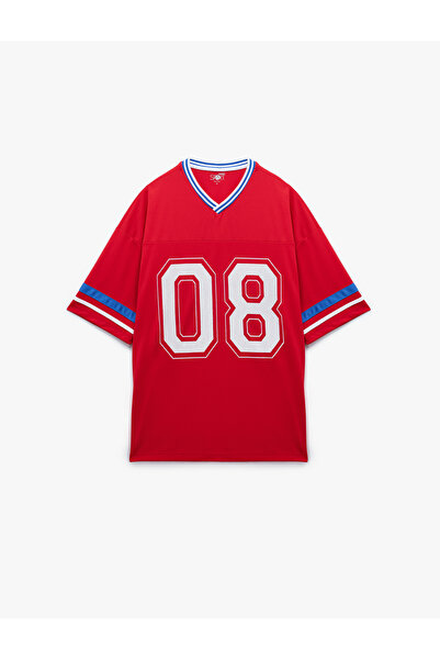 Koton Half Sleeve V-Neck Ribbed College Printed Sports T-Shirt