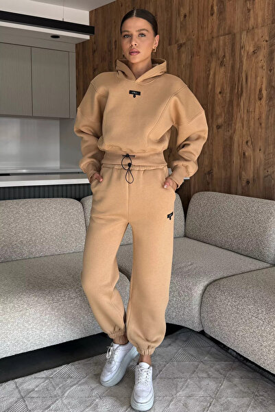 julude Biscuit Women's Three Thread Ribbed Hooded Tracksuit Set
