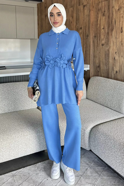 julude Indigo Daisy Applique Tunic Pants Knitwear Hijab Two-Piece Set (Available in S, M, L, XL)