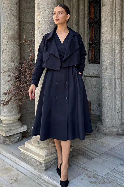 julude Navy Blue Women's Trench Fabric Jacket Dress Two-Piece Set