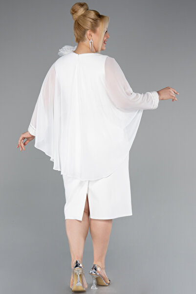 Abiyefon Ekru Pelerin Kol Midi Şifon Büyük Beden Davet Elbisesi ABK2383