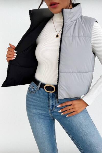 Varyete Double-Sided Wearable Zippered Sleeveless Pocketed Inflatable Crop Women's Coat Vest