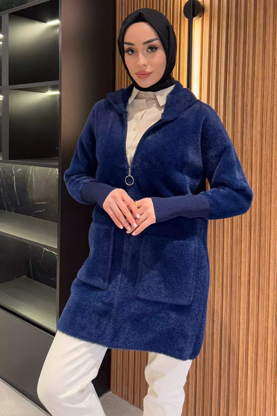 julude Navy Blue Hooded Zippered Soft Yarn Hijab Cardigan