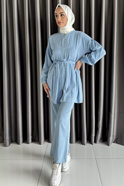 julude Bebemavisi Stone Detailed Hijab Tunic Pants Two-Piece Set