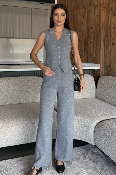 julude Gray Shirt Collar Vest Pants Knitwear Two-Piece Set