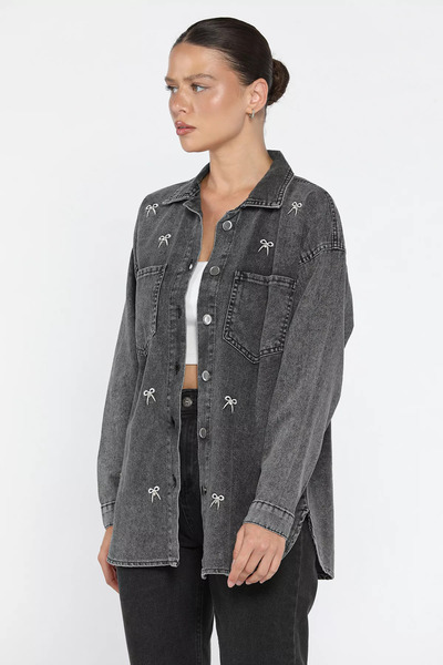 julude Anthracite Women's Embroidery Detailed Stone Embroidered Double Pocket Jean Denim Jacket