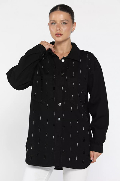 julude Black Women's Double Pocket Stone Embroidered Jean Denim Jacket