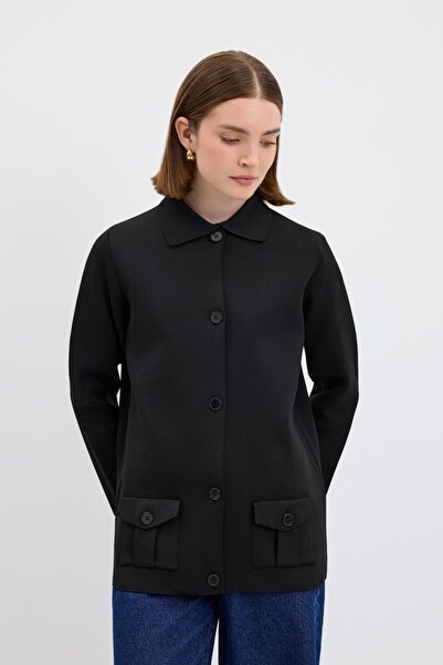 KADRİYE BAŞTÜRK Едноцветен джобен плетен кардиган, черен