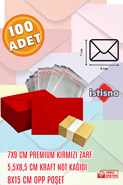 İstisna 100 Adet 7x9 Cm Kırmızı Zarf Kraft Not Kağıdı ve Opp Poşet Hediyeli S...