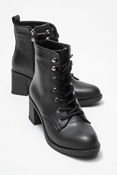 CCWAY AYAKKABI Kadın Topuklu Kancalı Bağcıklı Bot SİYAH CİLT