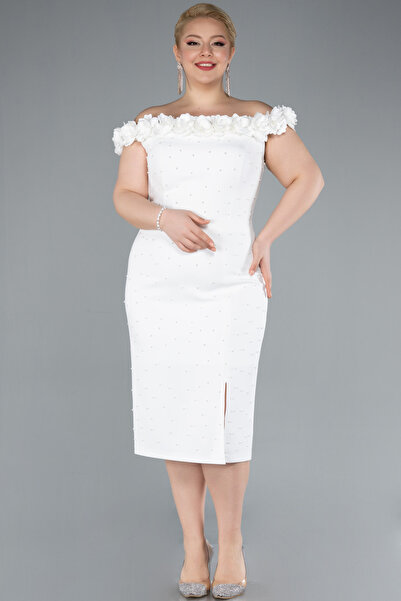 Abiyefon Ekru Çiçekli Kayık Yaka Midi Büyük Beden Davet Elbisesi ABK2318